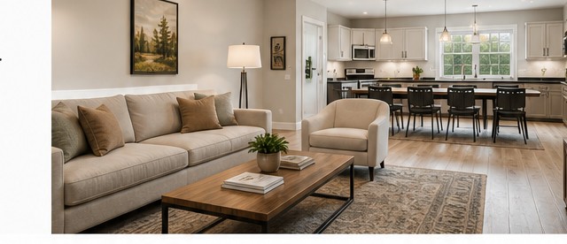 Open-concept living room and kitchen at The Birches